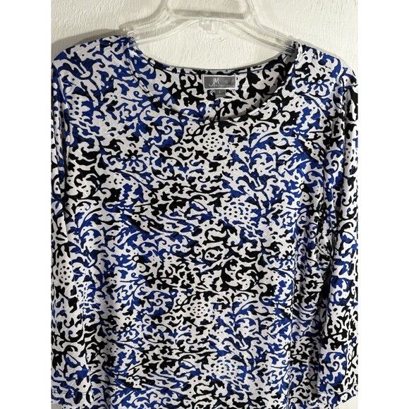 My Collections White Royal Blue Black Stretch 3/4 Sleeve Blouse Woman’s Large - Picture 1 of 8